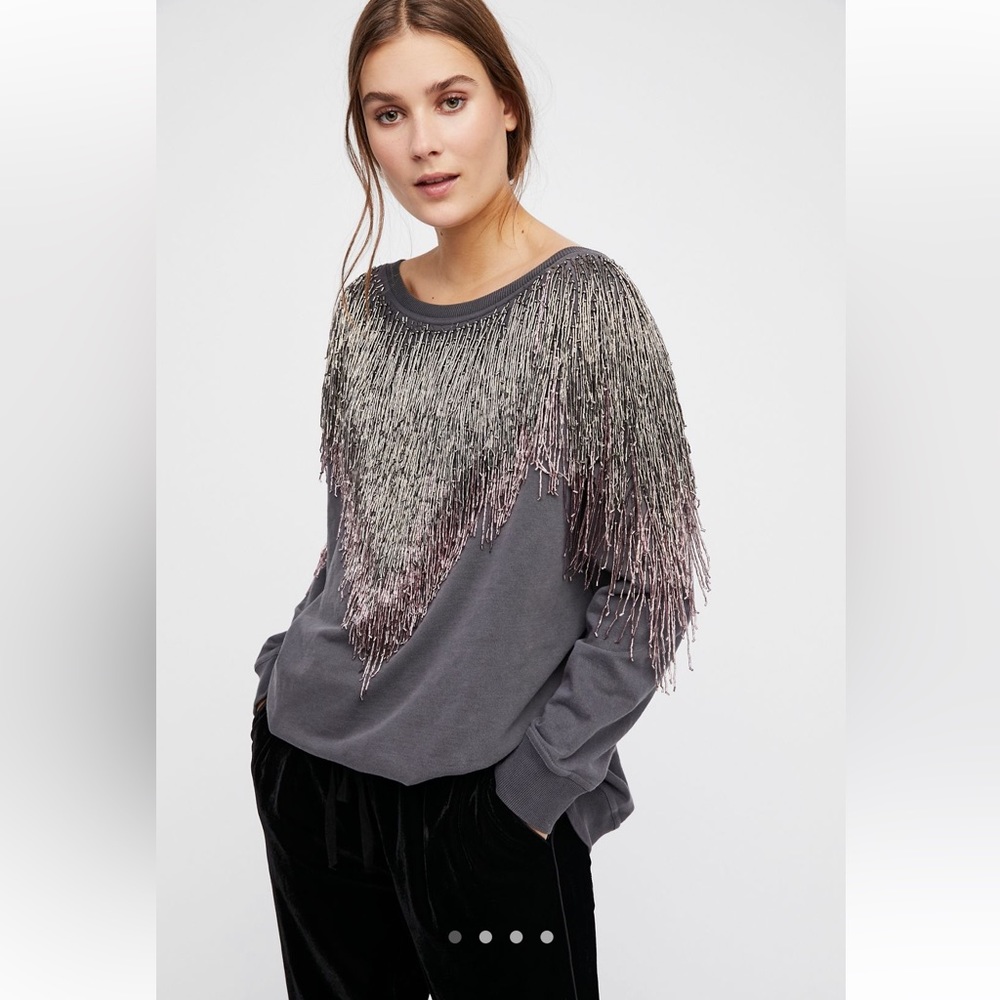 Free People Turn It Up Pullover beaded v-neck sweater ombré embroidered Xsmall